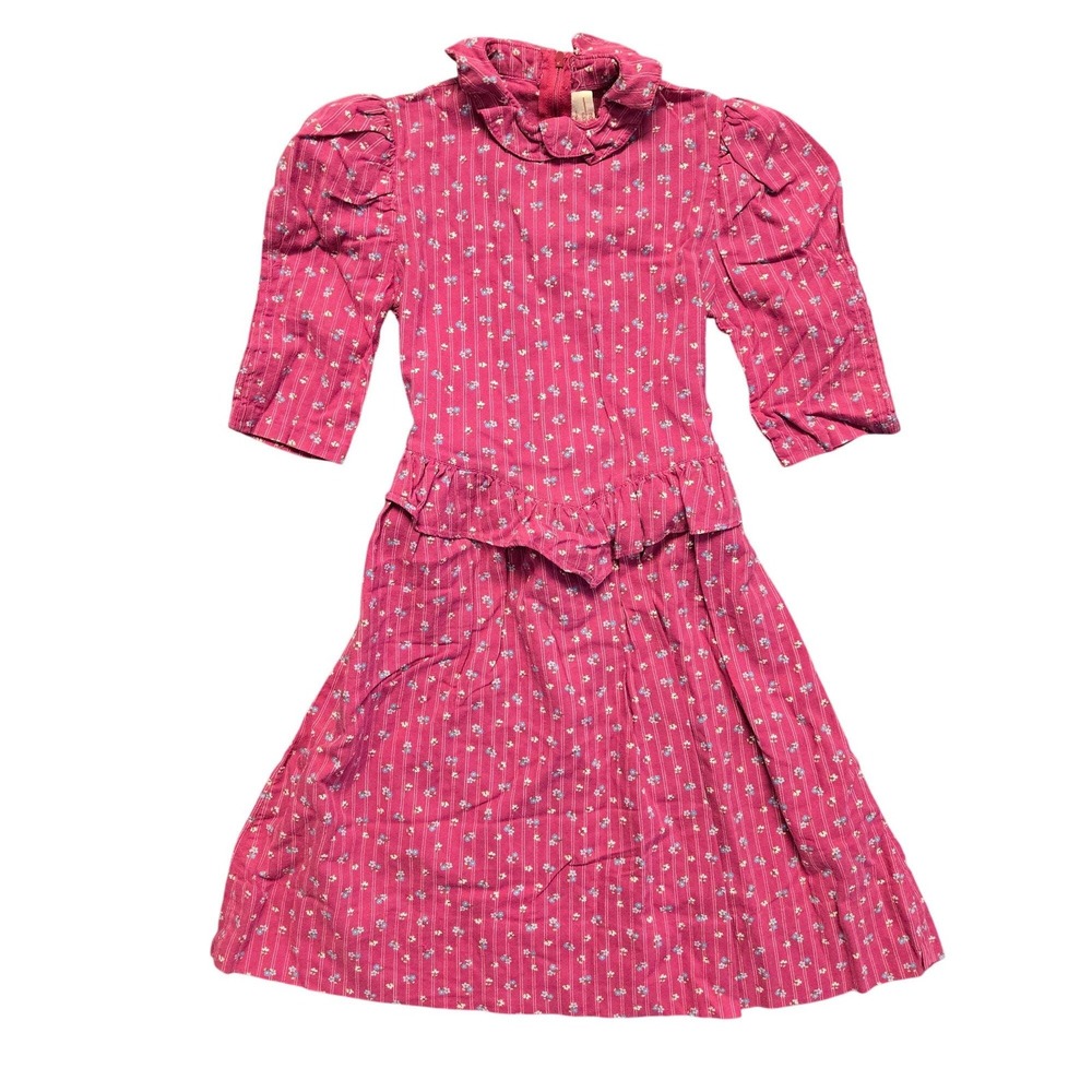 Vintage Jane Schaffhausen Belle France 70s 80s Pink Floral Prairie Dress W/ Ruff